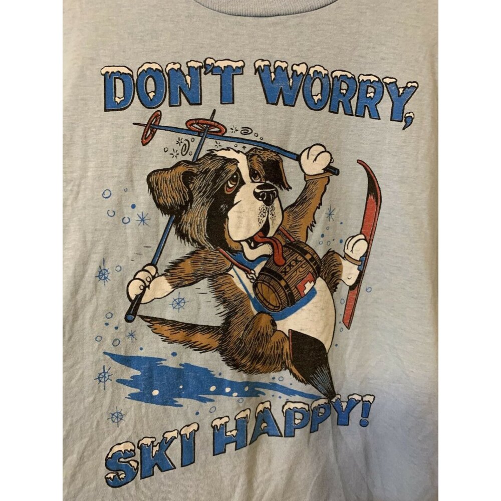 Vtg 80s Don’t Worry‎ Ski Happy Dog St Bernard Men’s Sz L Blue Screen Stars Best